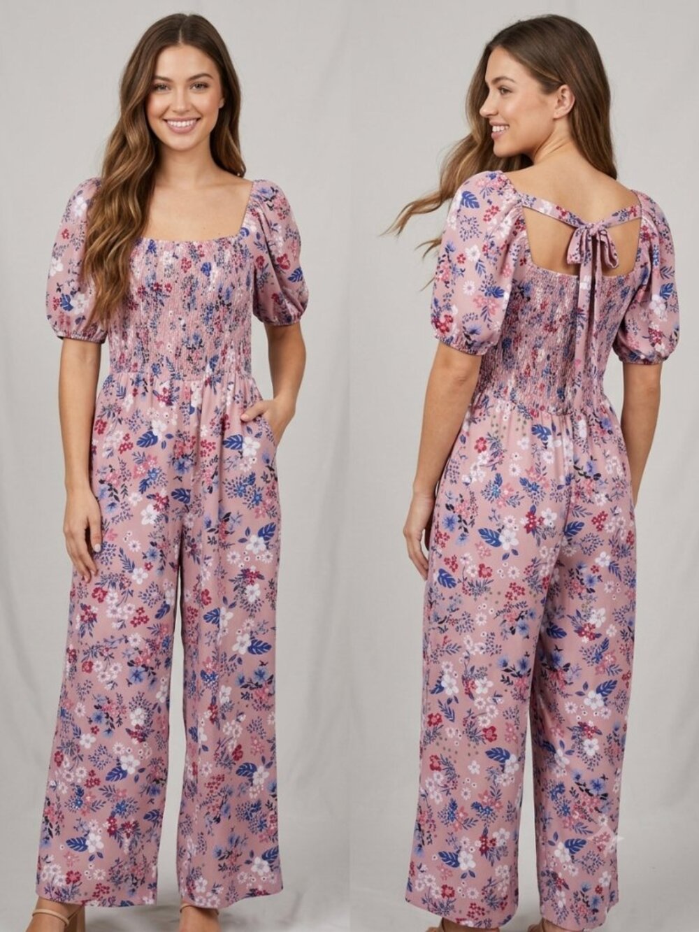 WeLove Fashion Floral Wide Leg Jumpsuit with Pockets Smocked Pink Medium EUC